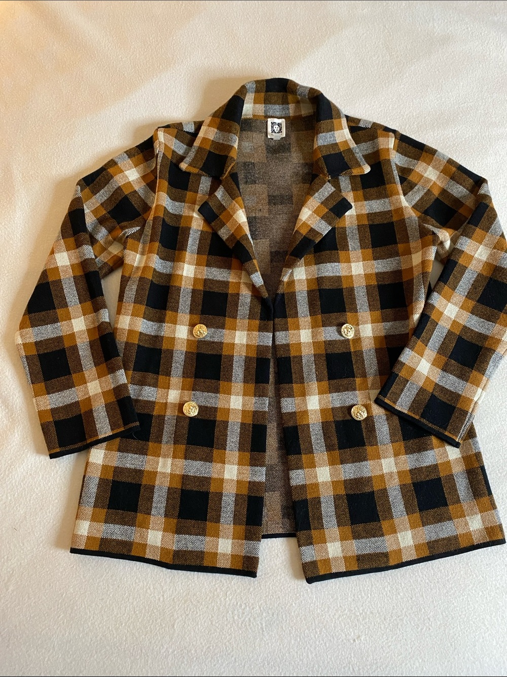 Anne Klein plaid brown tan black a line jacket gold toned buttons cabin rustic